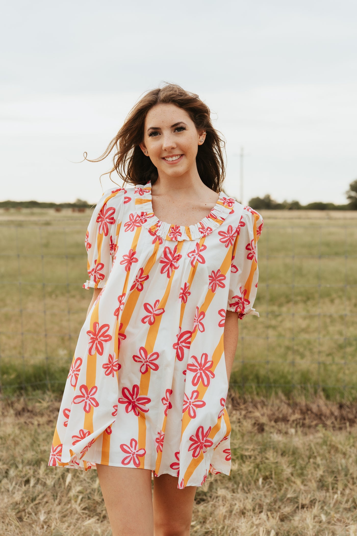 Pink/Yellow Flower Print Mini Dress with Puff Sleeves IFD64025-01