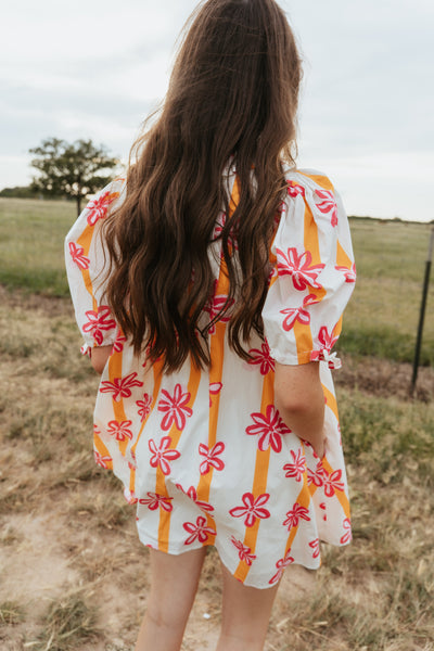 Pink/Yellow Flower Print Mini Dress with Puff Sleeves IFD64025-01