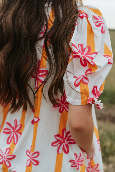 Pink/Yellow Flower Print Mini Dress with Puff Sleeves IFD64025-01