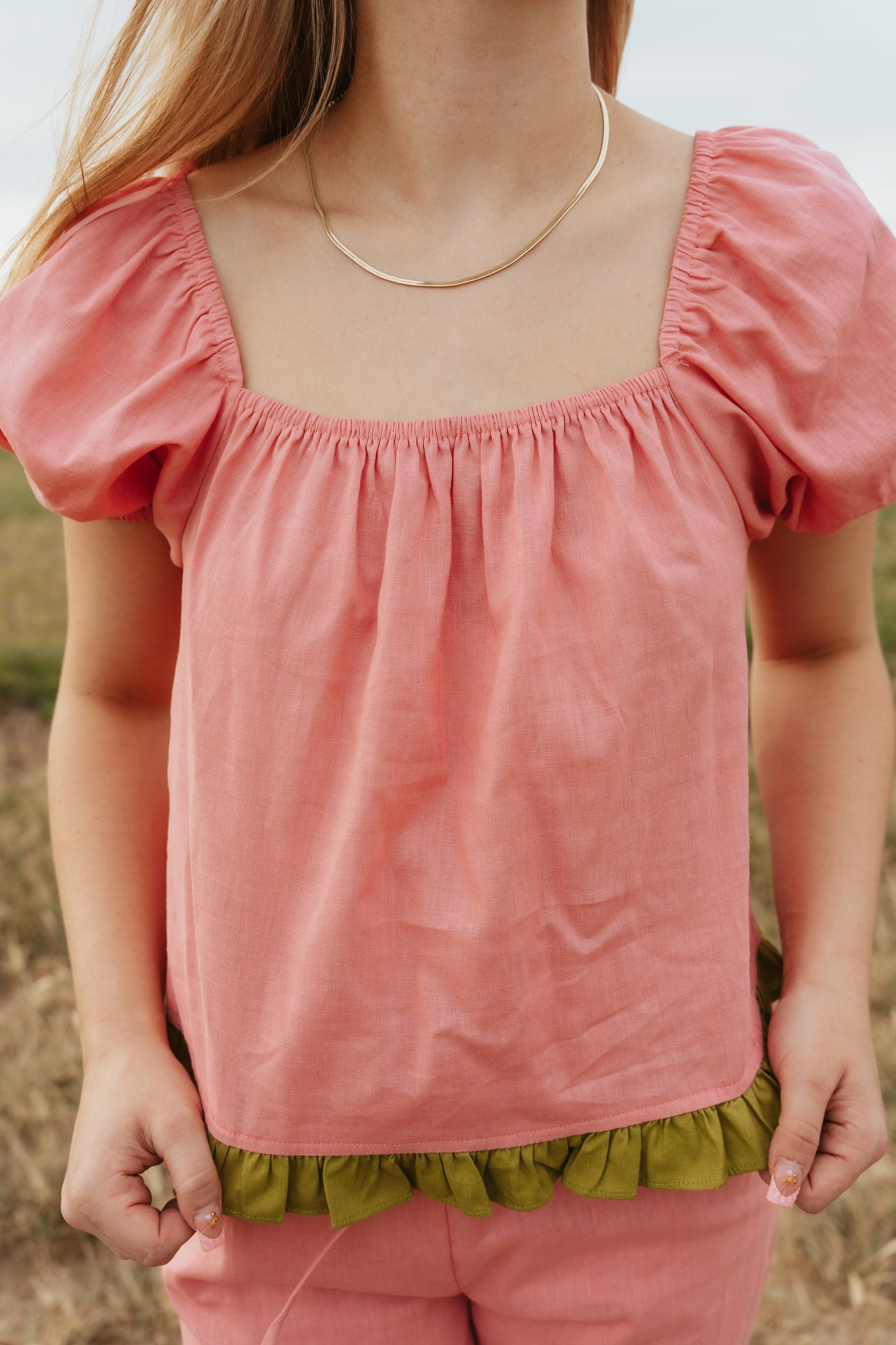 Pink Puff Sleeve Top with Green Ruffle TBT14014
