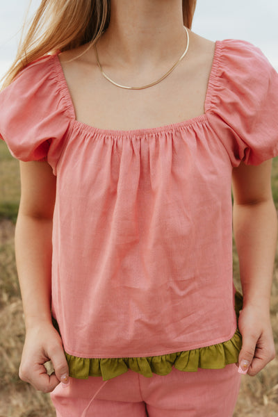 Pink Puff Sleeve Top with Green Ruffle TBT14014