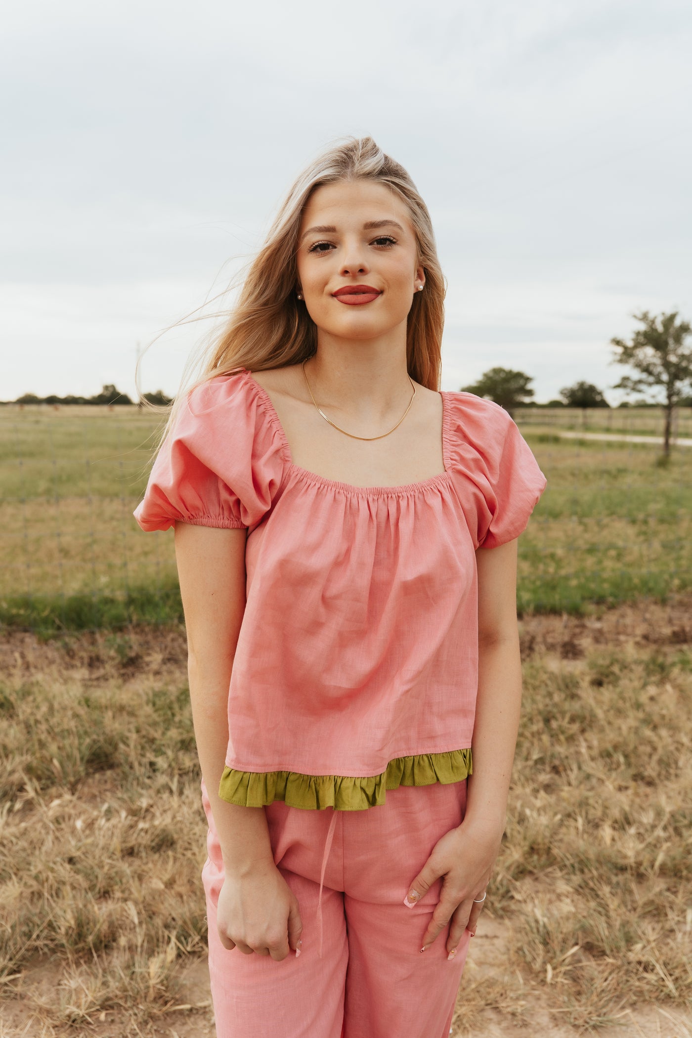 Pink Puff Sleeve Top with Green Ruffle TBT14014