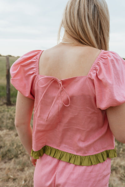 Pink Puff Sleeve Top with Green Ruffle TBT14014