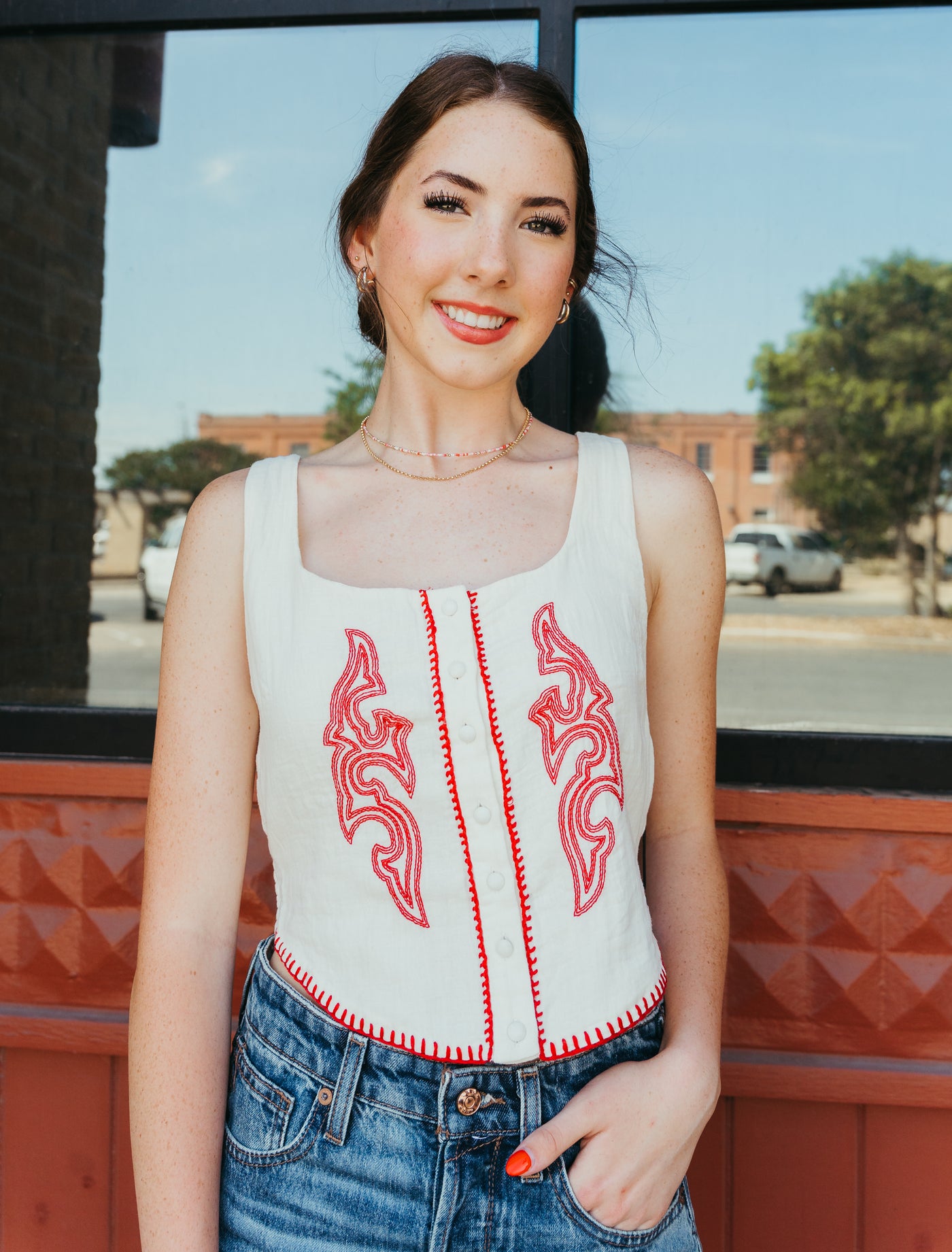 Rock & Roll Women's Bootstitch Embroidered Top Natural BW50T06312