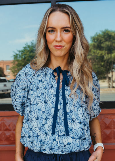 Navy Floral Print Balloon Front Tie Top LT1396-NVY