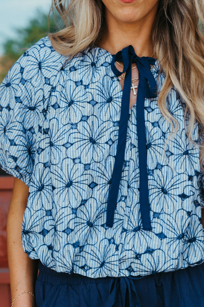 Navy Floral Print Balloon Front Tie Top LT1396-NVY