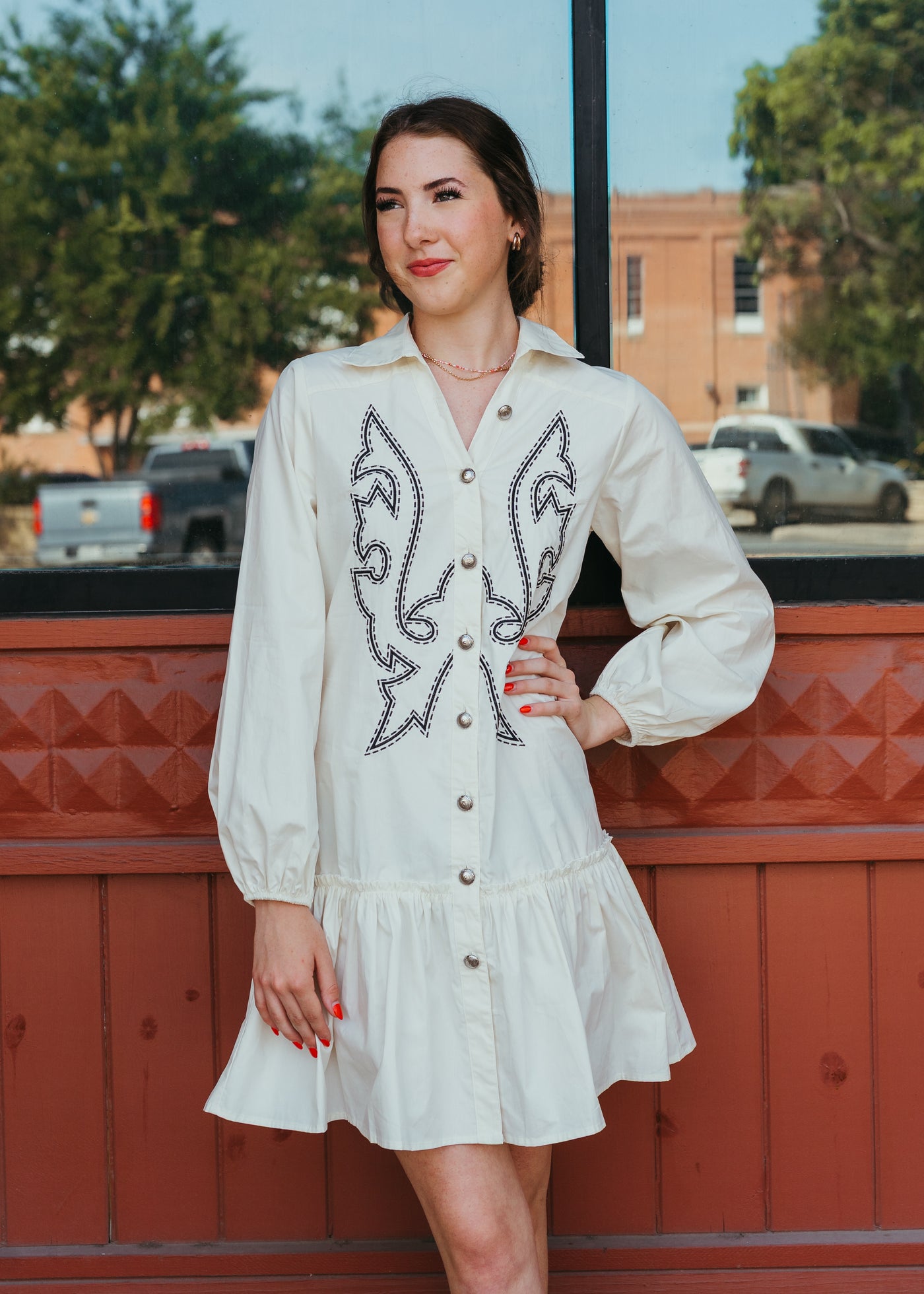 Ivory Concho Button Down Collard Tier Dress DR380-IVY