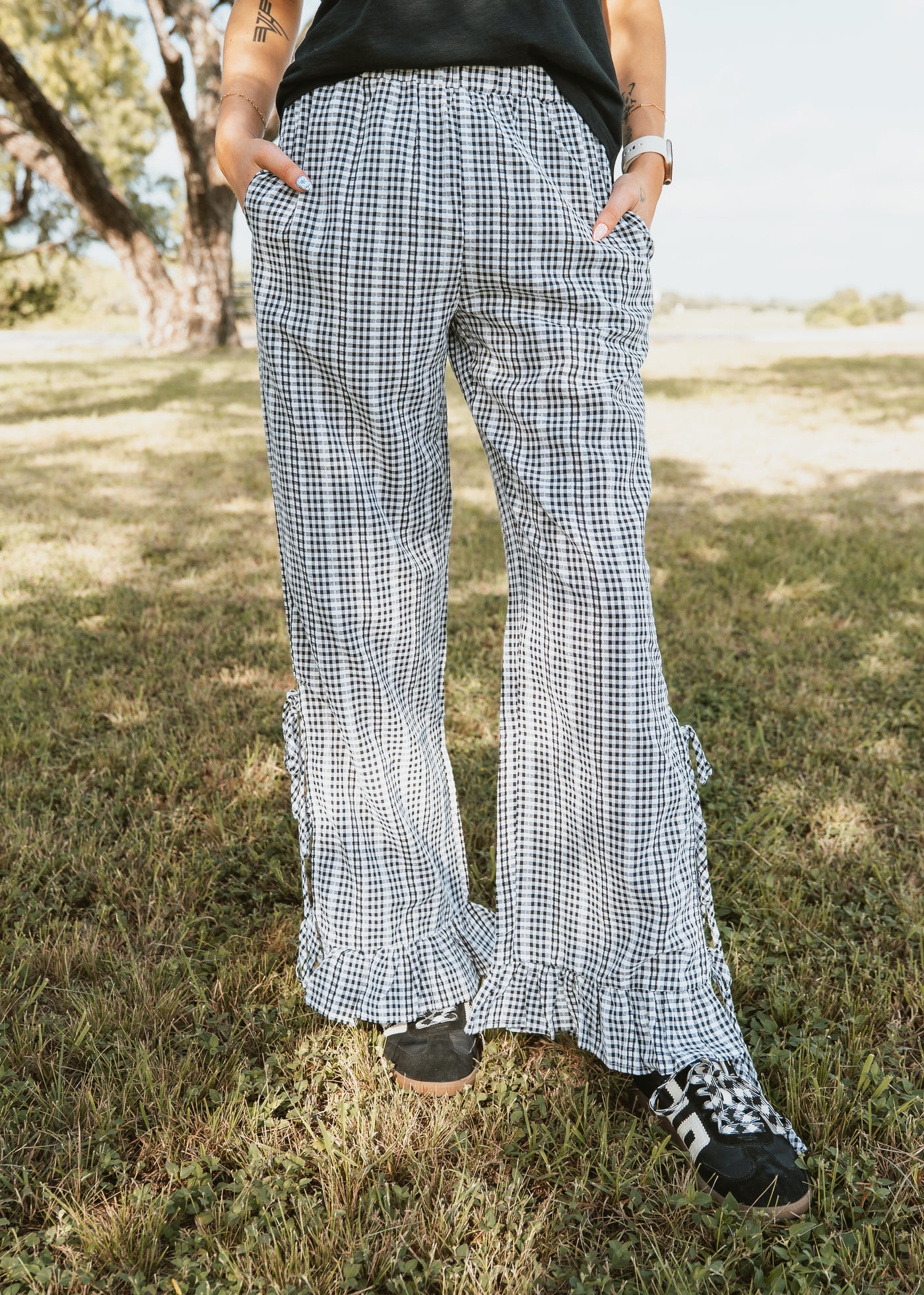 Black Gingham Side Slit Ruffle Hem Pants IP300101-01