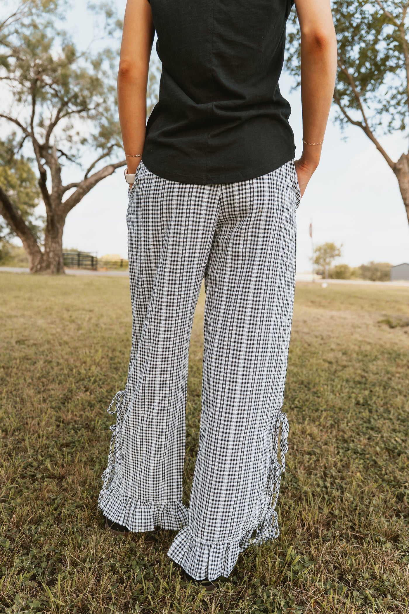 Black Gingham Side Slit Ruffle Hem Pants IP300101-01