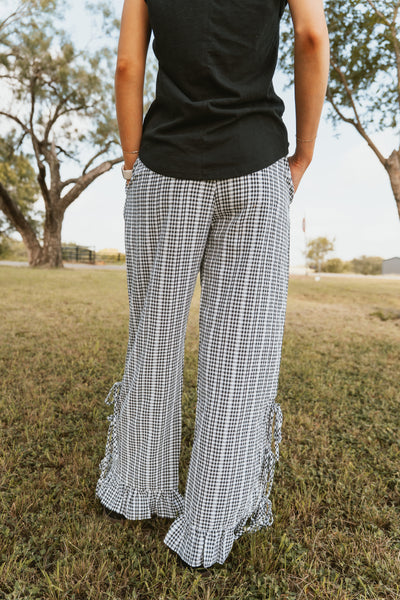 Black Gingham Side Slit Ruffle Hem Pants IP300101-01