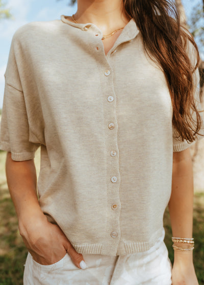 Oatmeal Short Sleeve Knit Cardigan TBW13717
