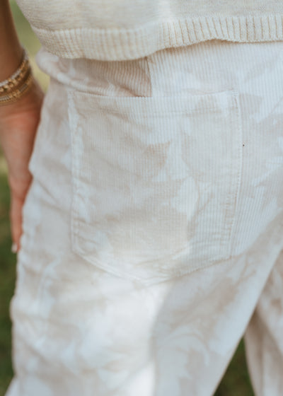 Ivory/Brown Leaf Print Corduroy Barrel Pants IP300210-01