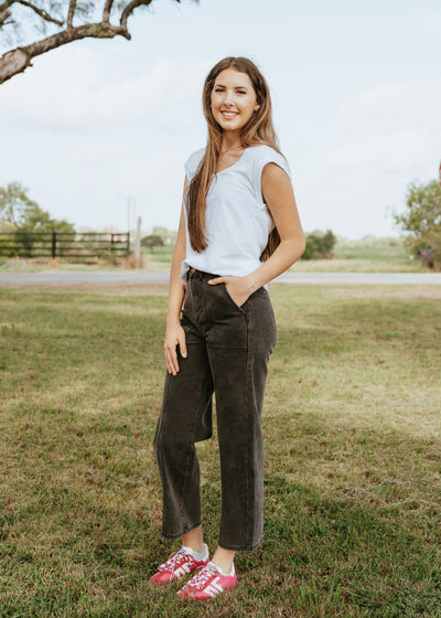 Black Denim Paneled Pants P3966