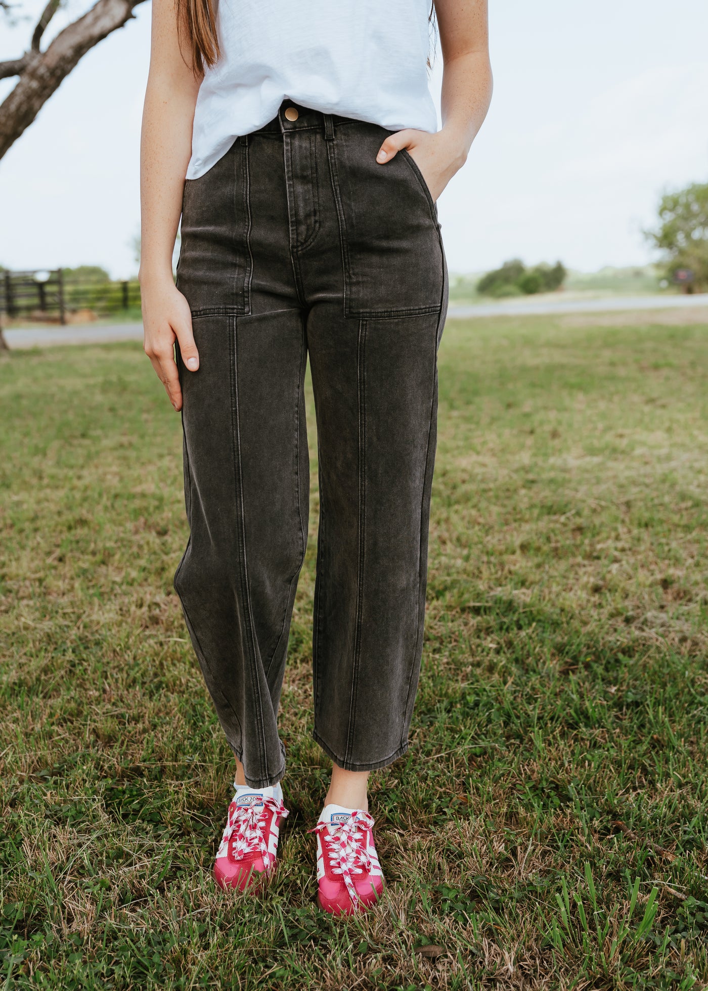 Black Denim Paneled Pants P3966
