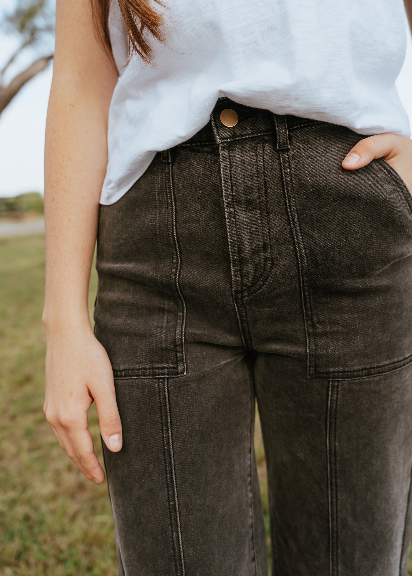 Black Denim Paneled Pants P3966