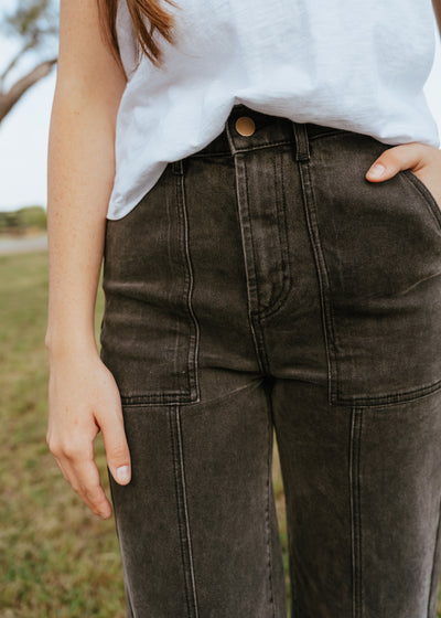 Black Denim Paneled Pants P3966