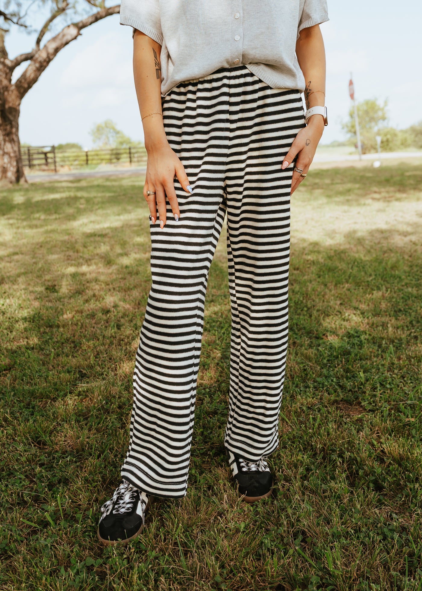 Black/Cream Striped Knit Pants WL25-11011