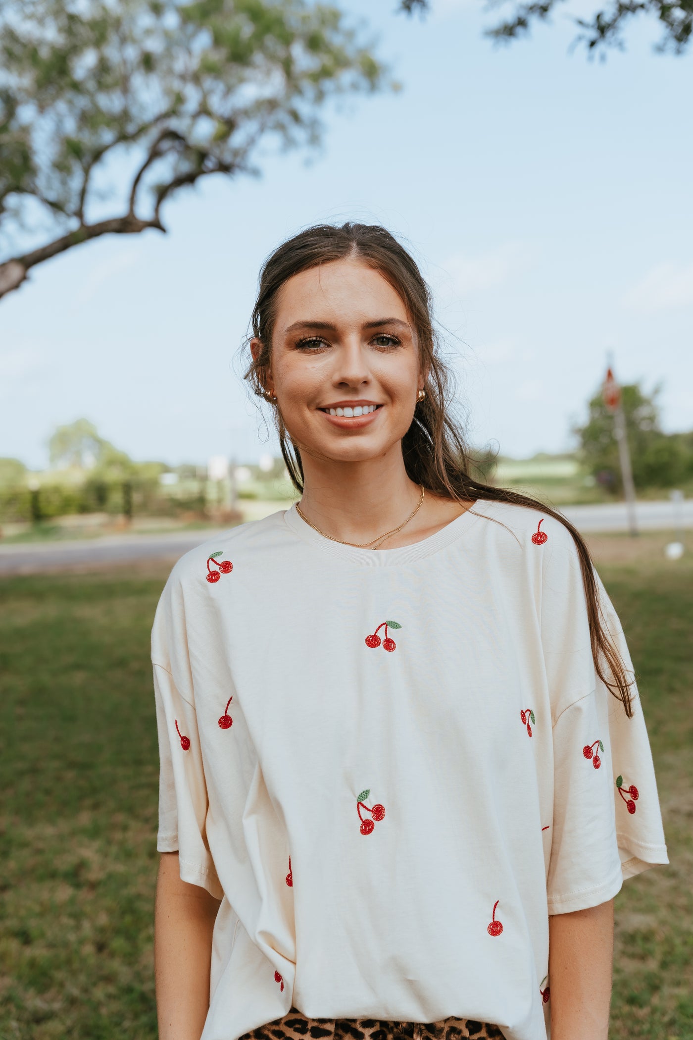 Beige Cherry Embroidered Tee T5624