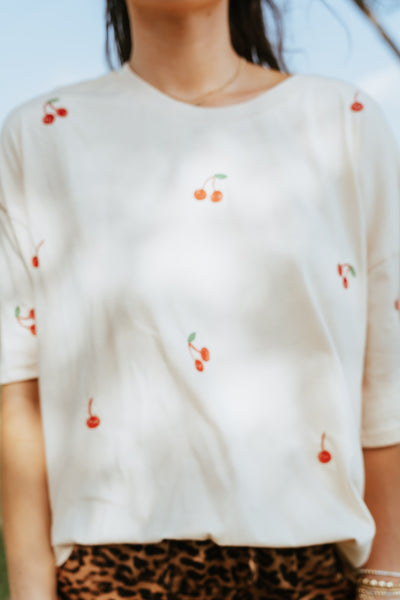 Beige Cherry Embroidered Tee T5624