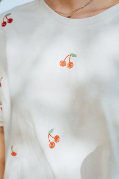 Beige Cherry Embroidered Tee T5624