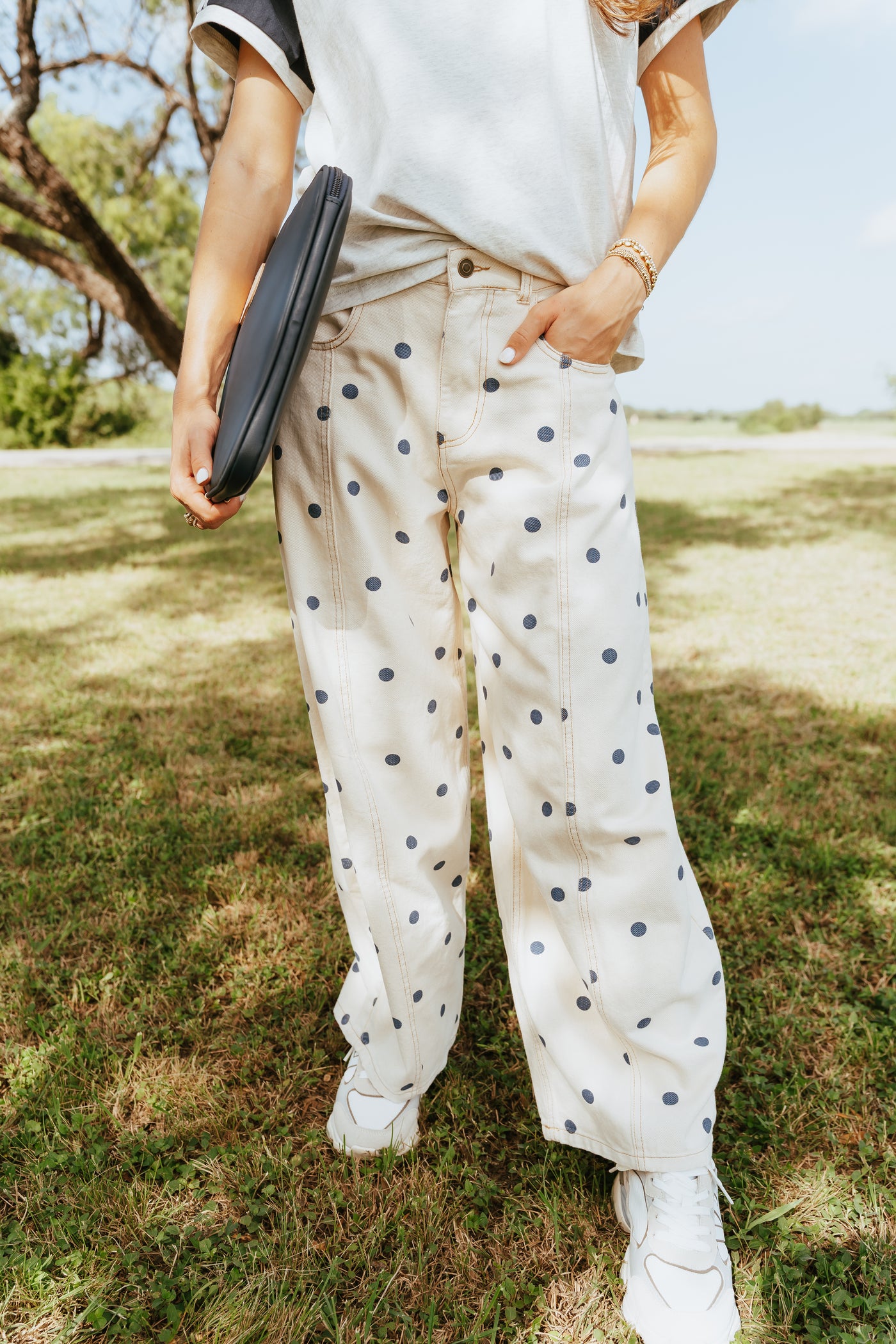Cream/Navy Polka Dot Wide Denim Pants IP200313-01