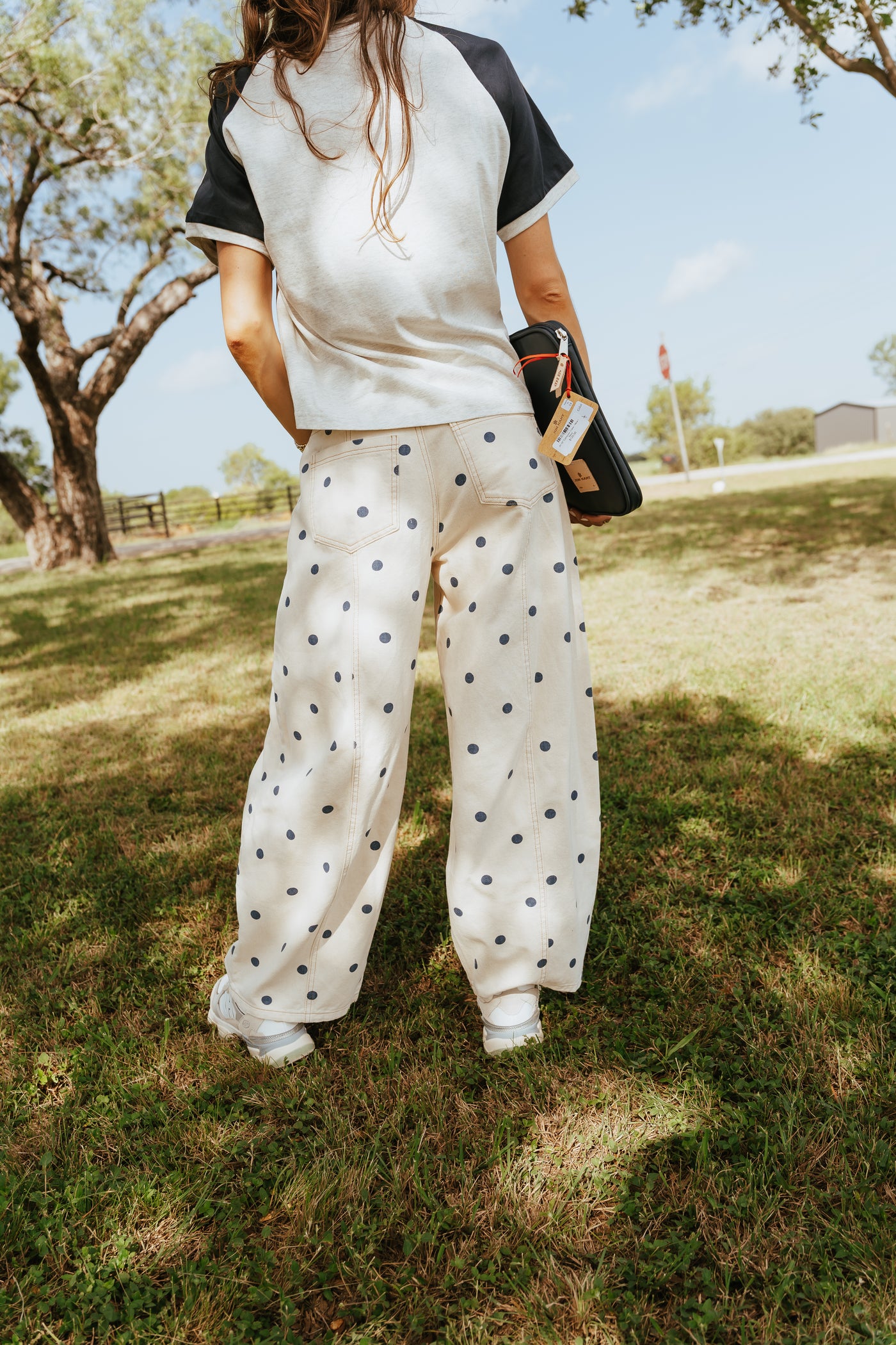 Cream/Navy Polka Dot Wide Denim Pants IP200313-01
