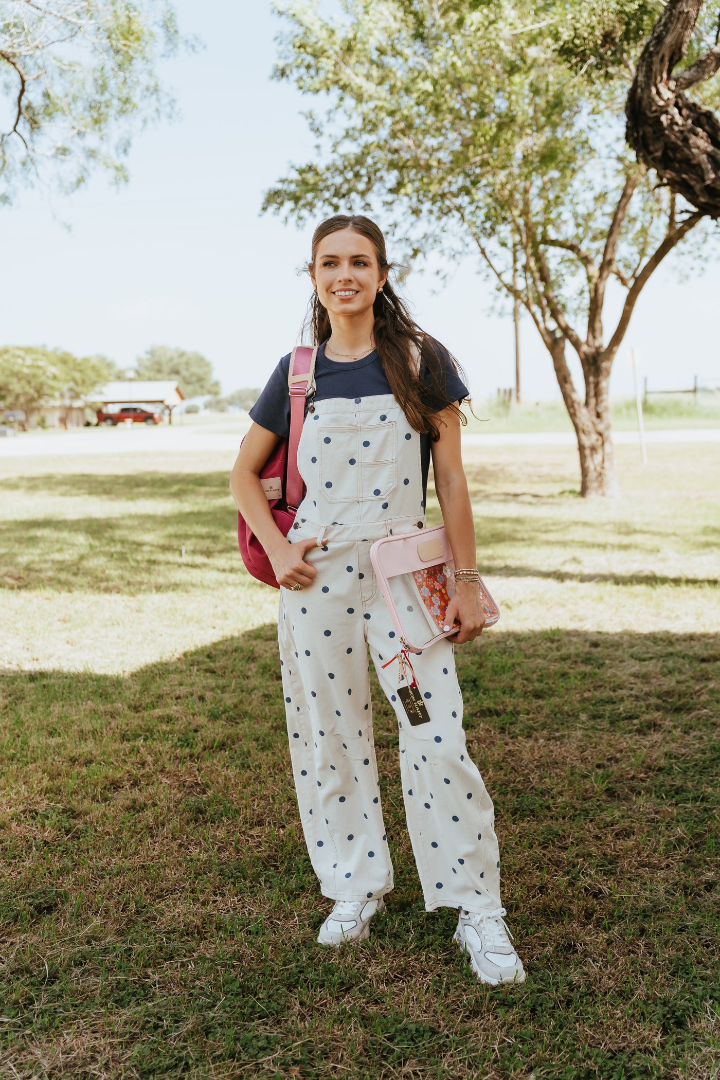 Cream/Navy Polka Dot Denim Barrel Overalls IR200314-01