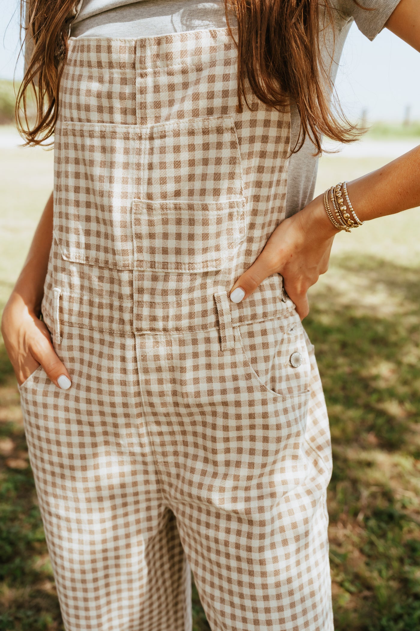 Cream/Taupe Gingham Denim Overalls WL25-10555