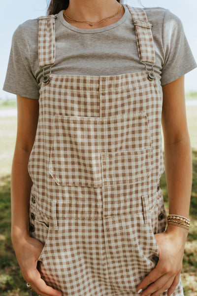 Cream/Taupe Gingham Denim Overalls WL25-10555