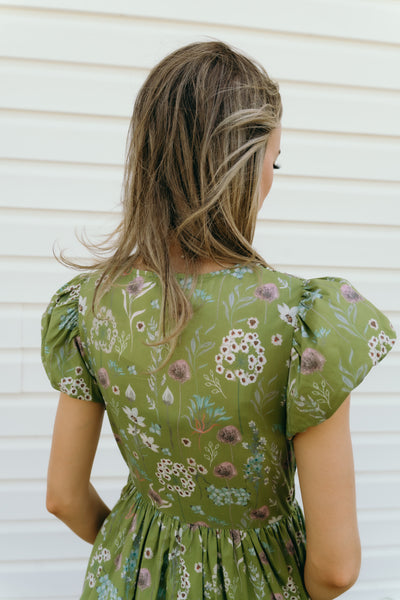 Martini Olive Floral Pattern Midi Dress D27755