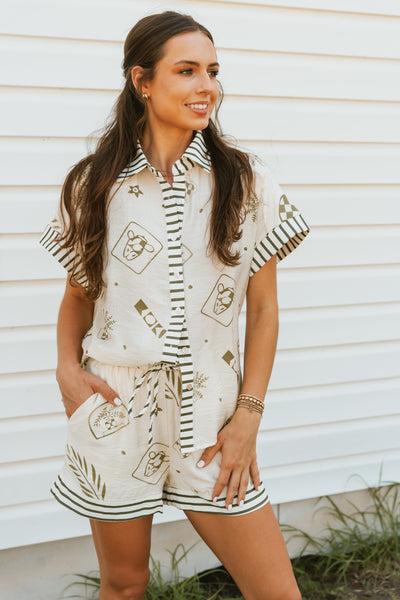 Olive Multi-Print Short Sleeve Top T27338