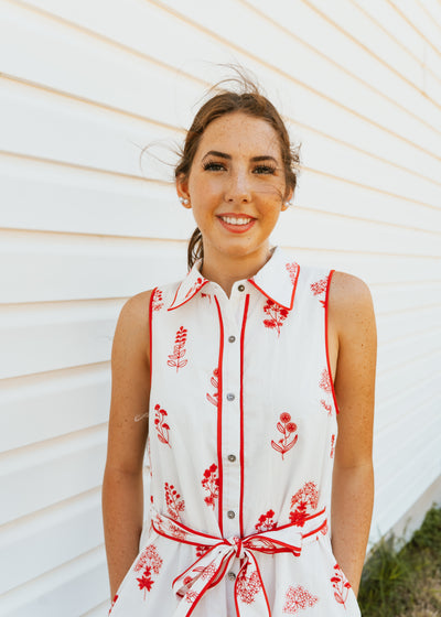 Red Floral Embroidered Sleeveless Mini Dress D27090