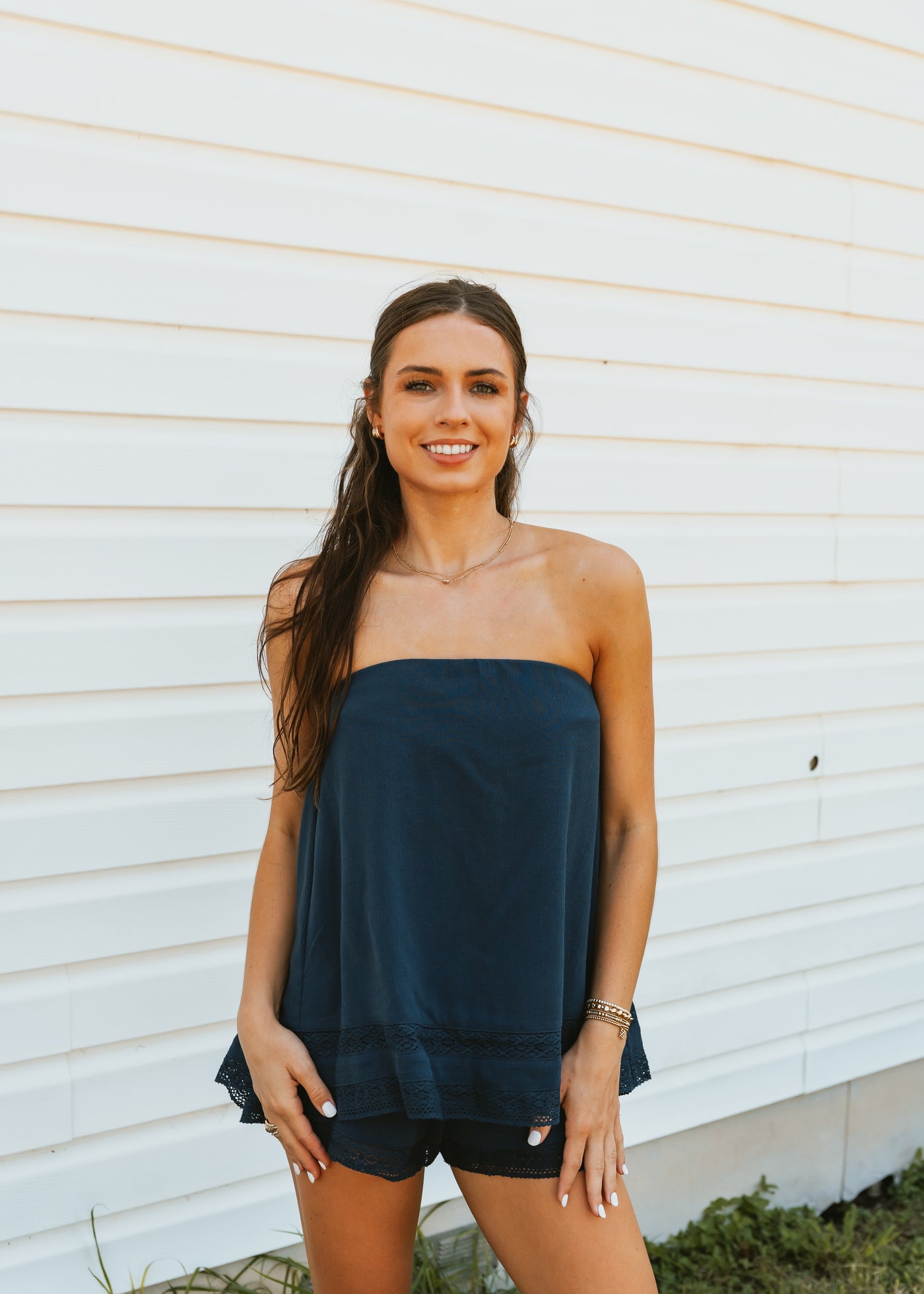 Navy Lace Trim Tube Romper SM3145