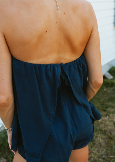 Navy Lace Trim Tube Romper SM3145