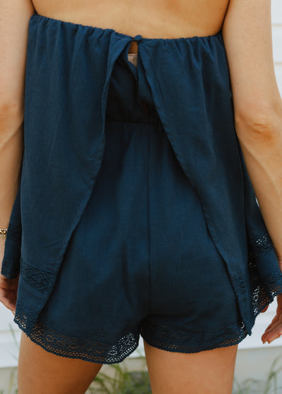 Navy Lace Trim Tube Romper SM3145