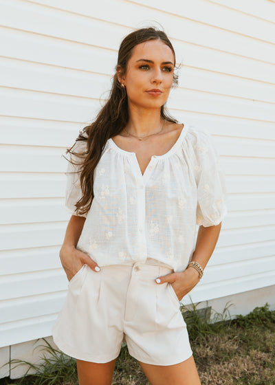 Off White Floral Embroidered Button-Up Blouse WL25-10525