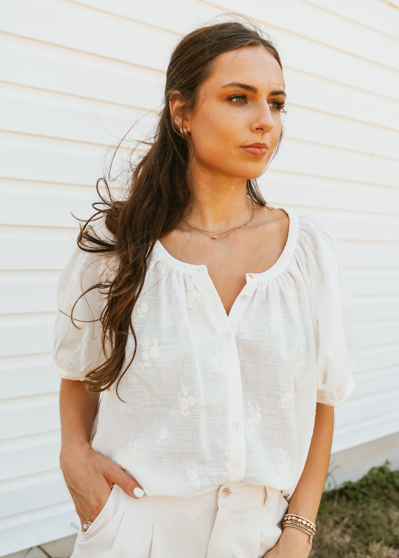 Off White Floral Embroidered Button-Up Blouse WL25-10525