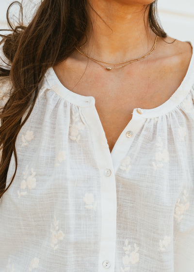 Off White Floral Embroidered Button-Up Blouse WL25-10525