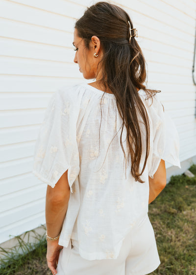 Off White Floral Embroidered Button-Up Blouse WL25-10525