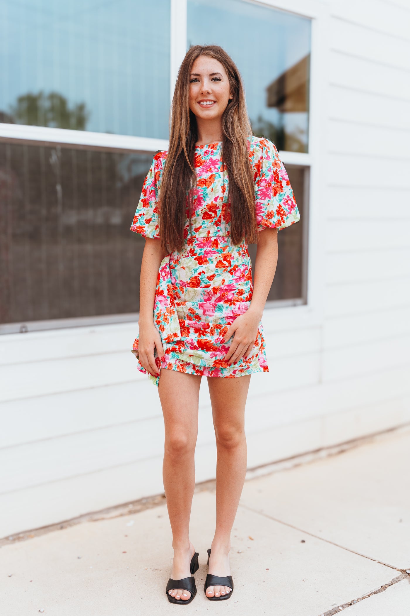 Pink Multi Floral Print Puff Sleeve Mini Dress D-10414-H