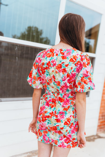 Pink Multi Floral Print Puff Sleeve Mini Dress D-10414-H