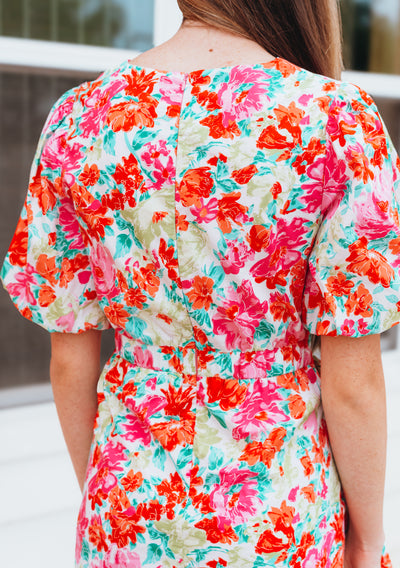 Pink Multi Floral Print Puff Sleeve Mini Dress D-10414-H