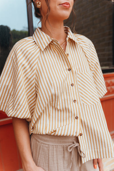 Mustard Striped Bubble Sleeve Button Down Top MTP3329