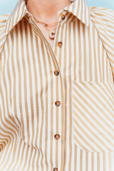 Mustard Striped Bubble Sleeve Button Down Top MTP3329