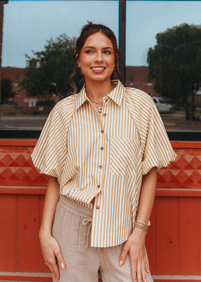 Mustard Striped Bubble Sleeve Button Down Top MTP3329