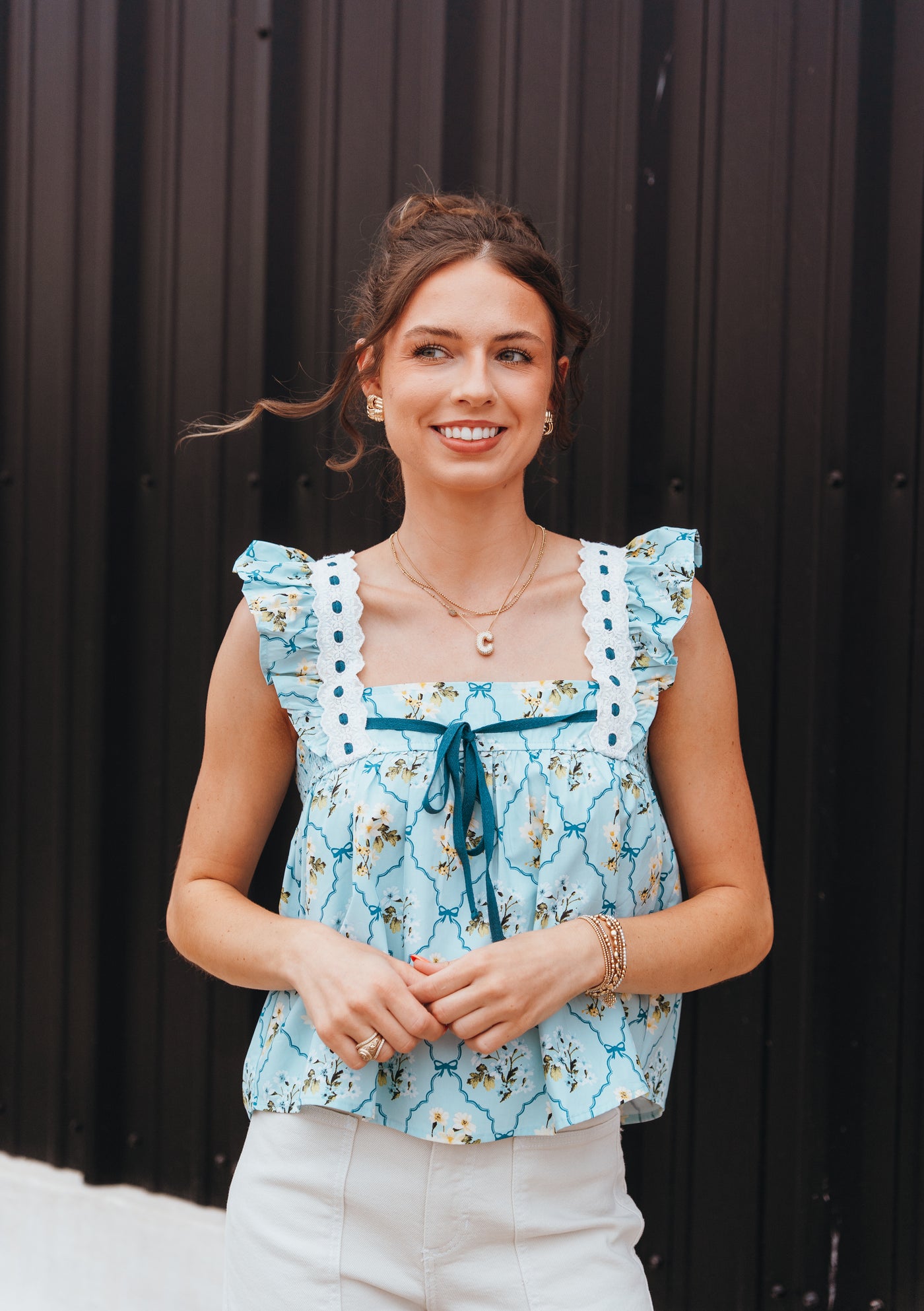 Light Blue Floral Pattern Lace Trim Square Neck Ruffled Top LT1397