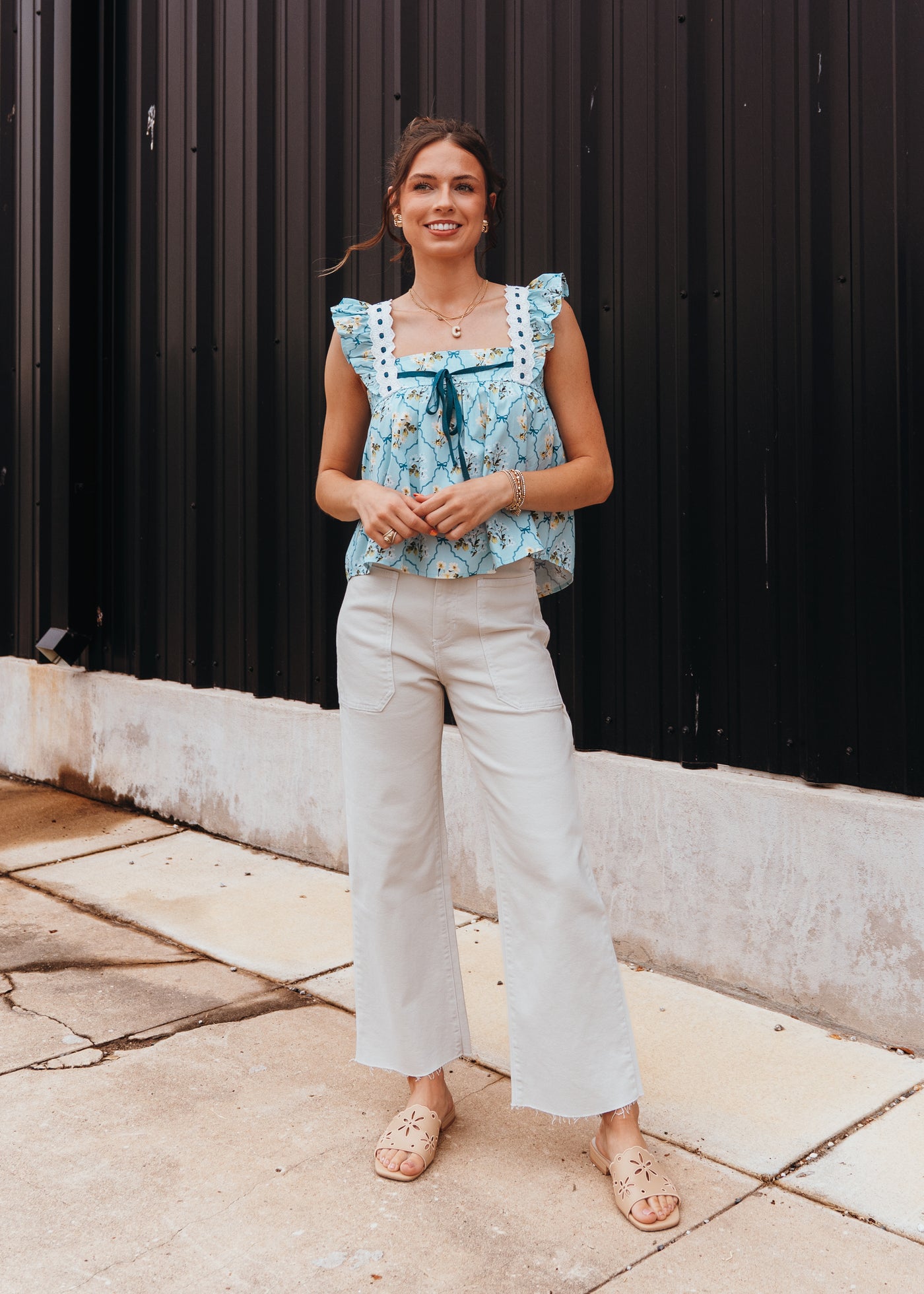 Light Blue Floral Pattern Lace Trim Square Neck Ruffled Top LT1397