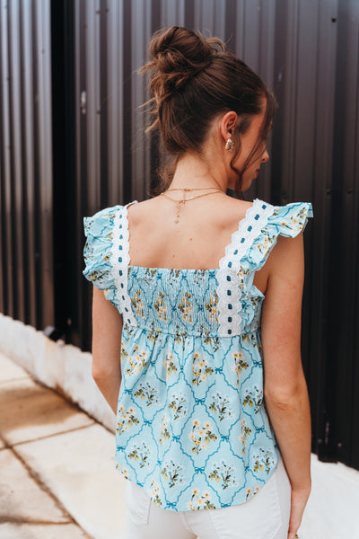 Light Blue Floral Pattern Lace Trim Square Neck Ruffled Top LT1397