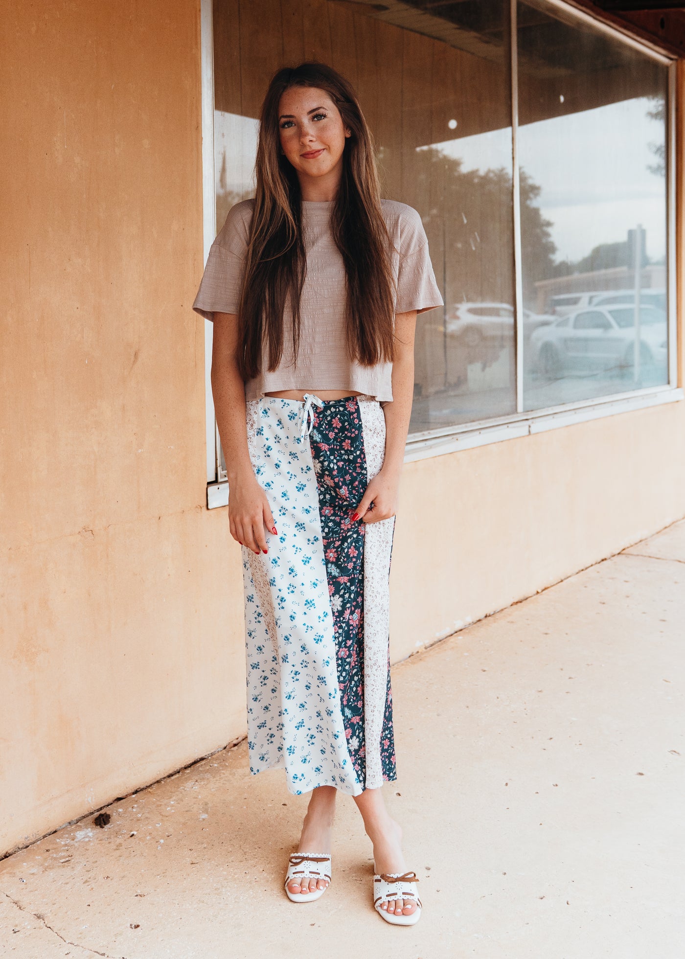 Blue/Cream Multi-Floral Midi Skirt WL25-10020