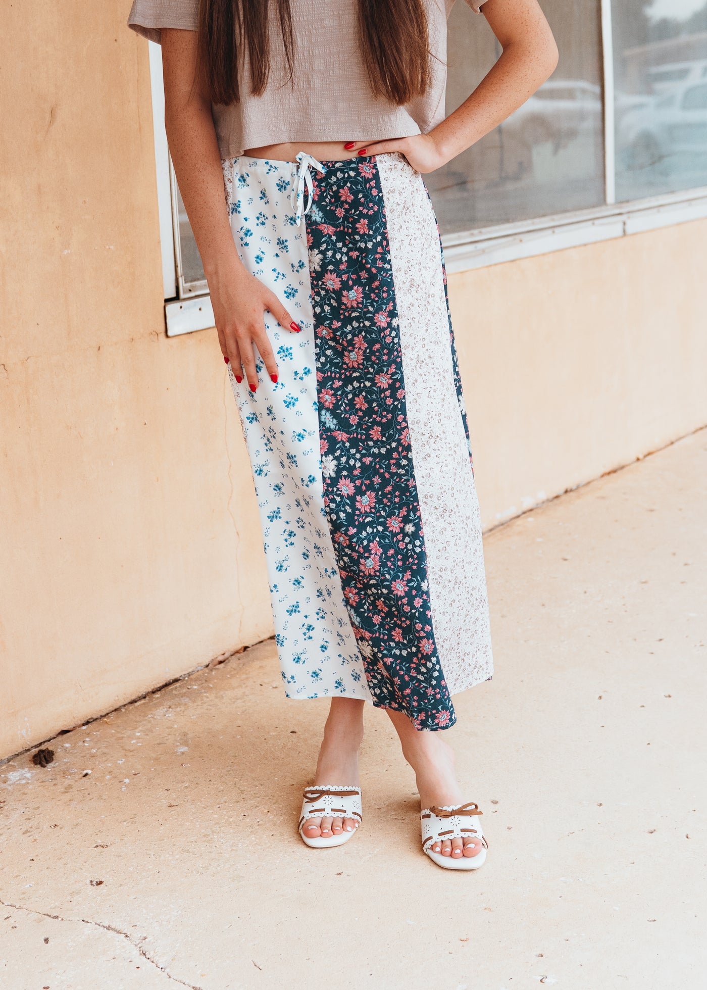 Blue/Cream Multi-Floral Midi Skirt WL25-10020